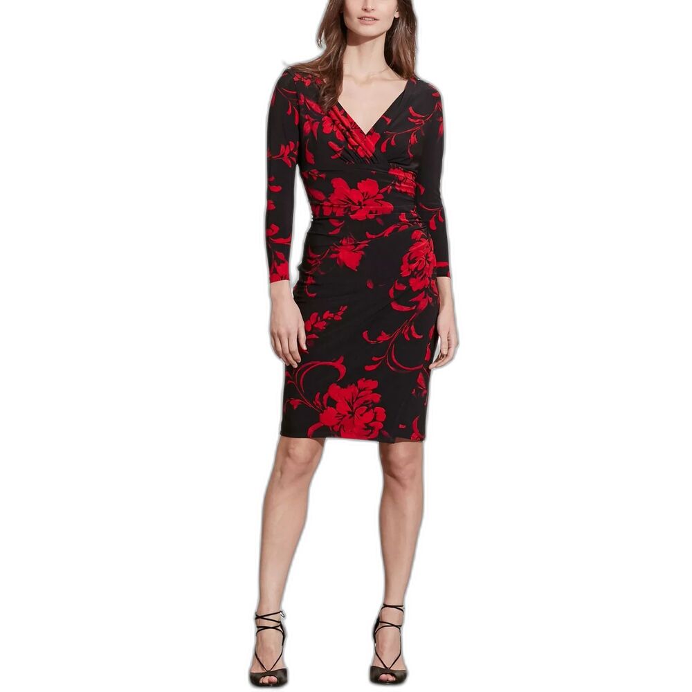 Lauren Ralph Lauren Ruched Floral Sheath Dress Black/Red Midi Classic